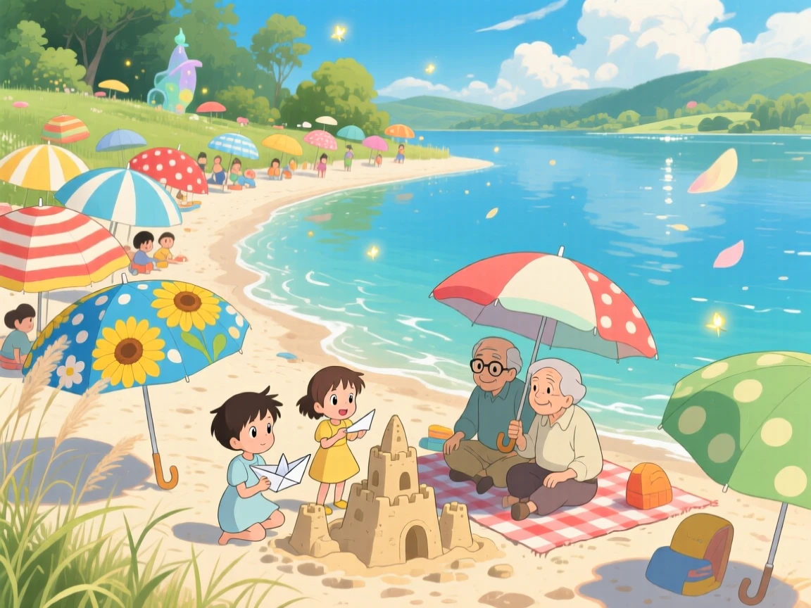 A summer scene of a lakeside beach crowded with colorful umbrellas, with a gentle breeze stirring the scene.
