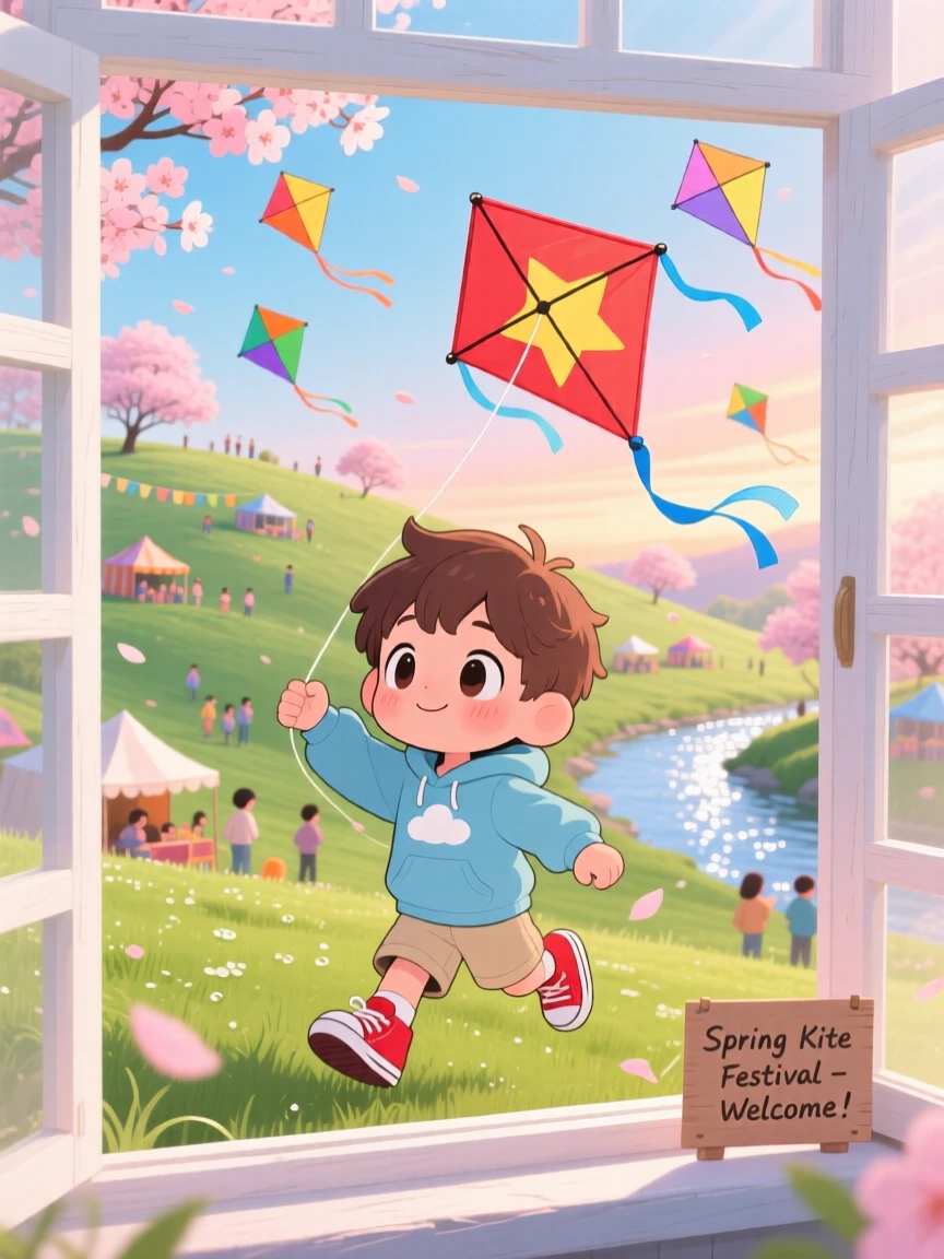 Framed through a window: a young boy, flying a kite at a spring kite festival, set against a breezy hillside festival as morning dew glistens on the grass, with shimmering reflected light off water and a mood of shy bashfulness.