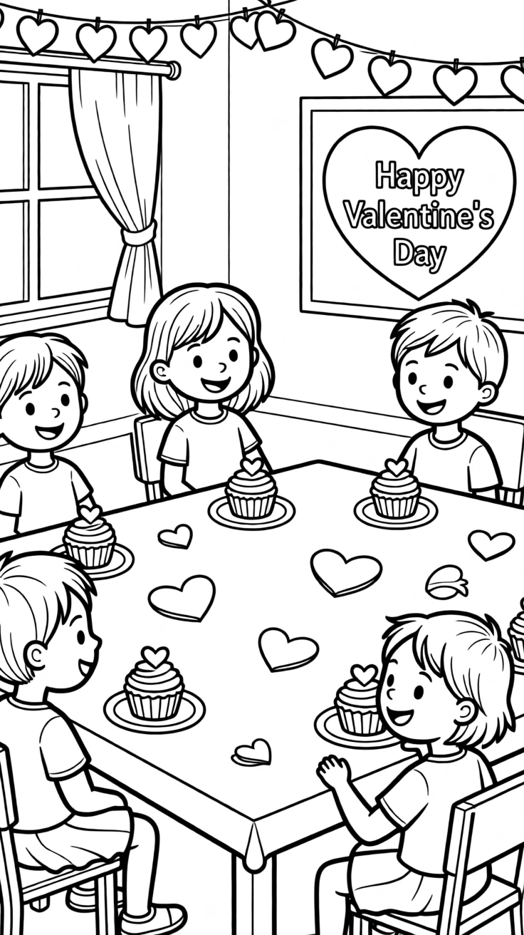 A Valentine's Day class party with paper hearts and cupcakes