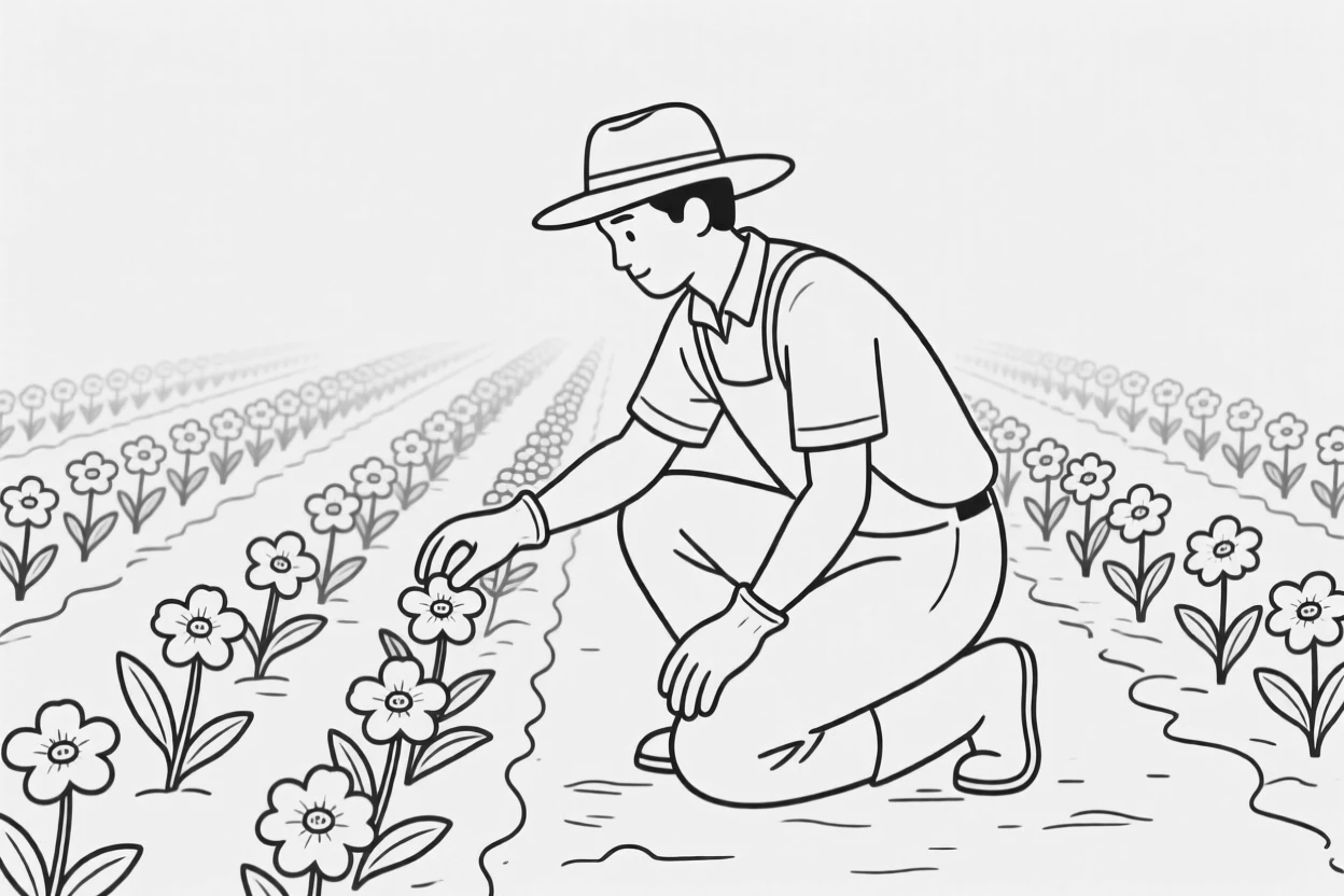 A gardener kneeling among rows of blooming flowers
