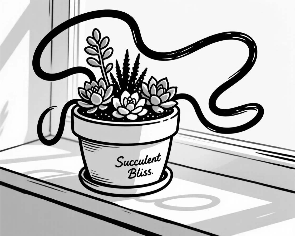 A potted succulent arrangement on a sunny windowsill.