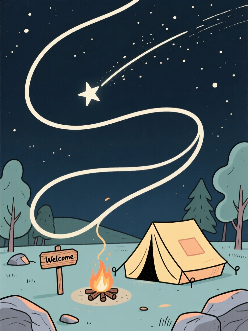 A shooting star streaking above a quiet campsite at night.