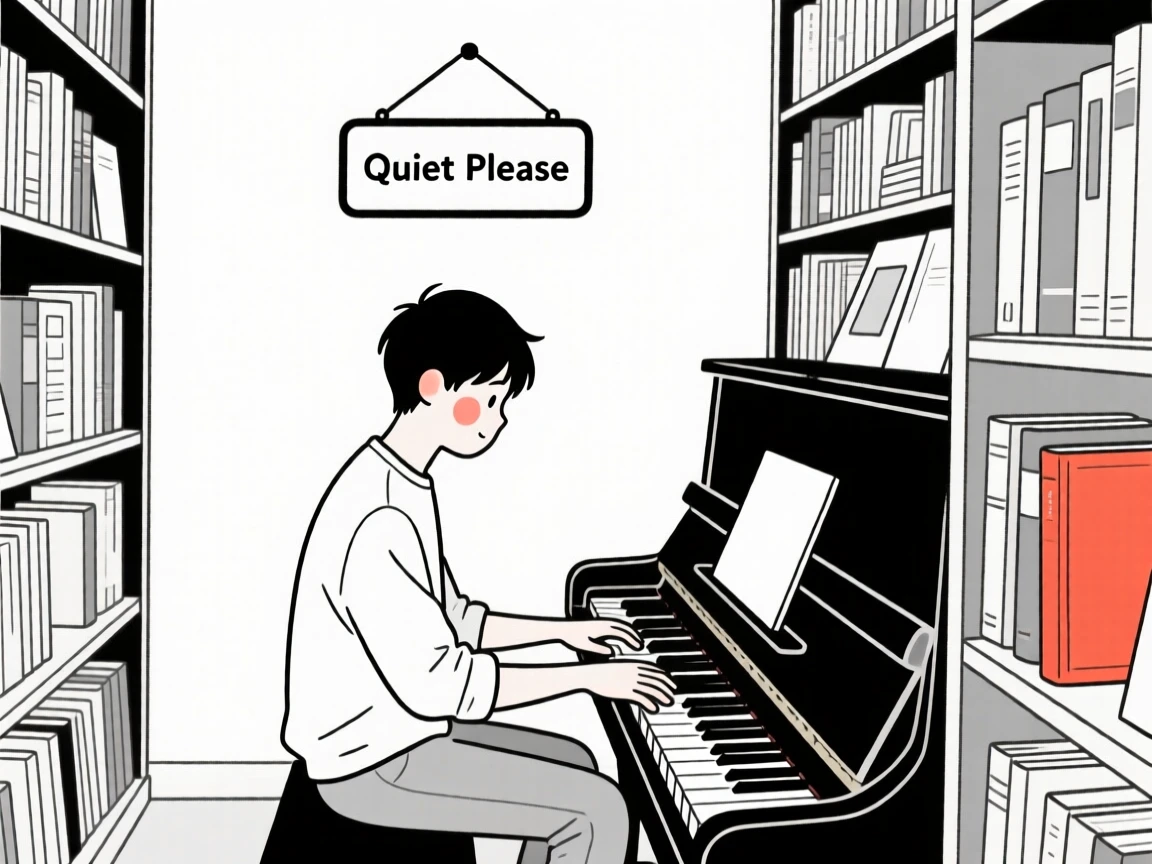A young man playing the piano in a quiet room, inside a vintage bookstore.