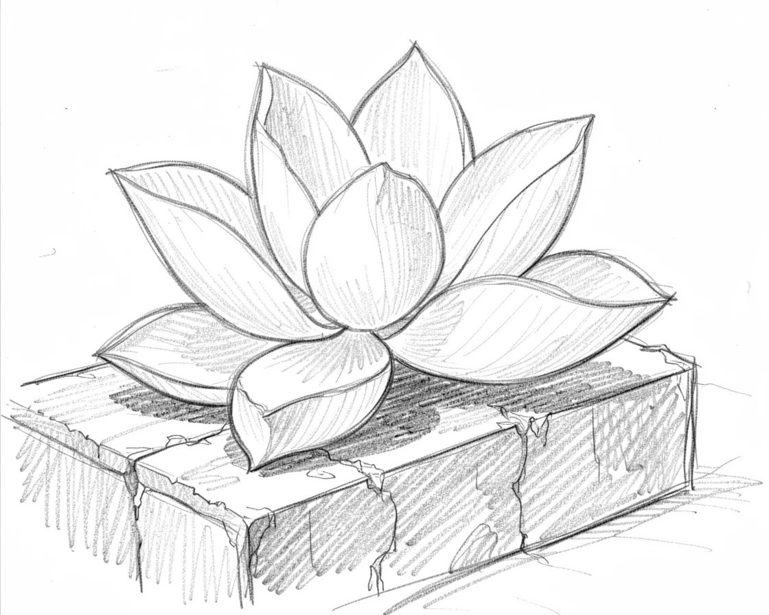 A close-up still life of a giant blooming lotus flower on an old stone step, with soft petals catching the light.