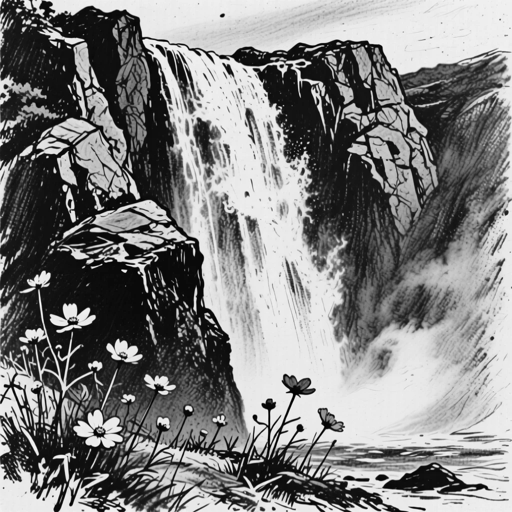 A towering waterfall with wildflowers scattered across the foreground.