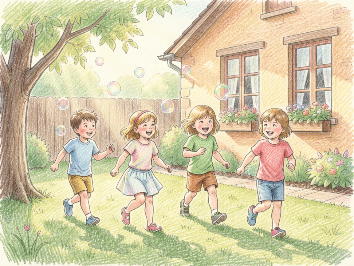 Children chasing bubbles in a sunlit backyard, surrounded by a cozy, loving home environment, capturing the pure joy and innocence of childhood.