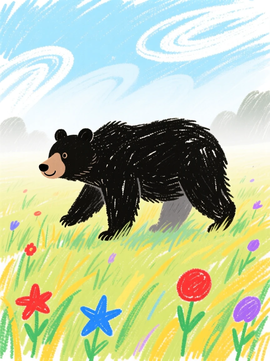 A black bear crossing a quiet meadow blanketed in morning fog.