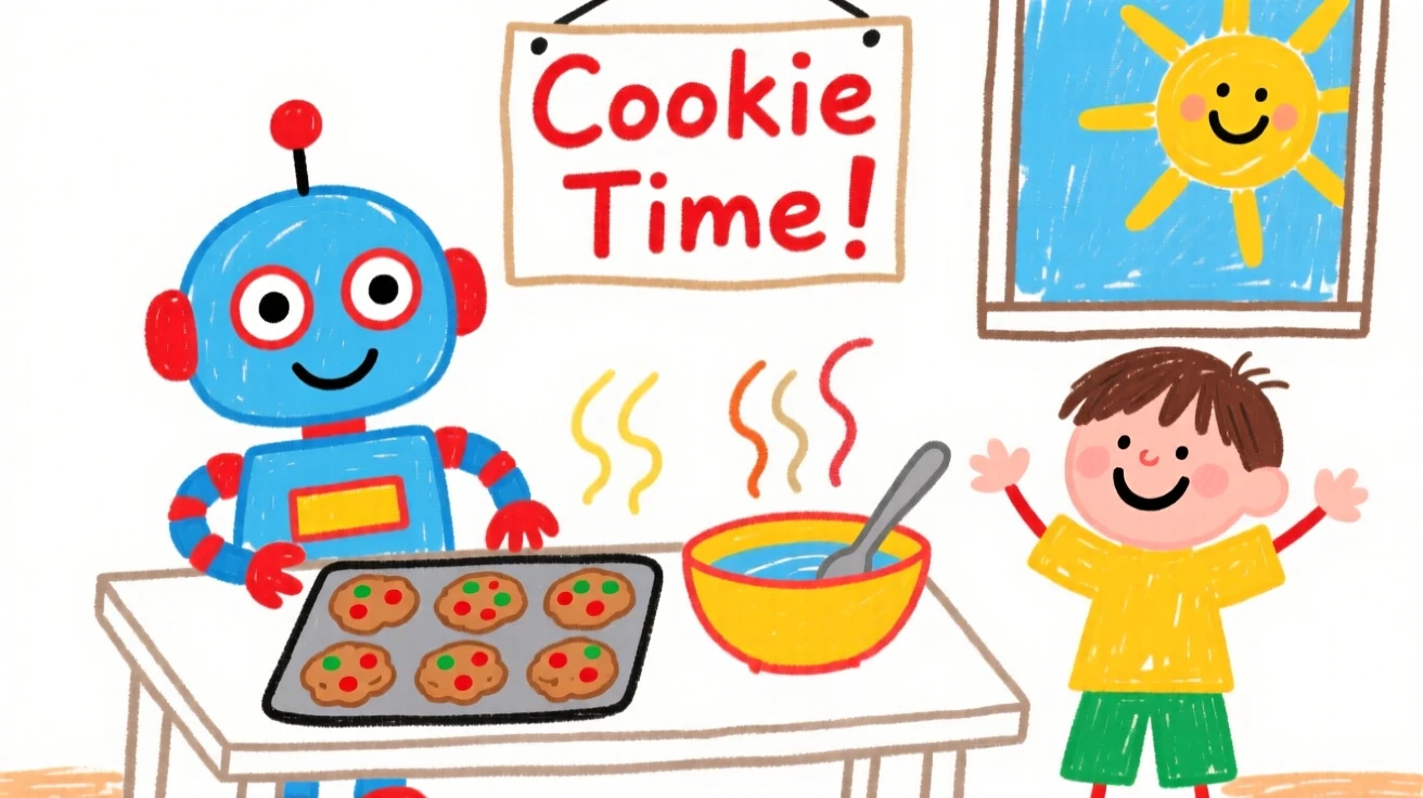 A robot helper baking cookies alongside a delighted child.