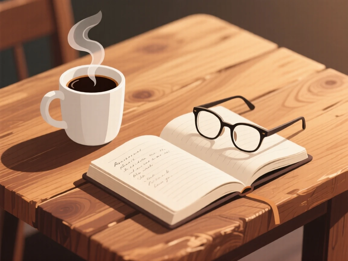 A steaming cup of coffee beside an open journal and reading glasses, placed on a rustic wooden table with warm tones, arranged with soft curves and gentle organic lines, with subtle steam rising to add a warm, lived-in feel.