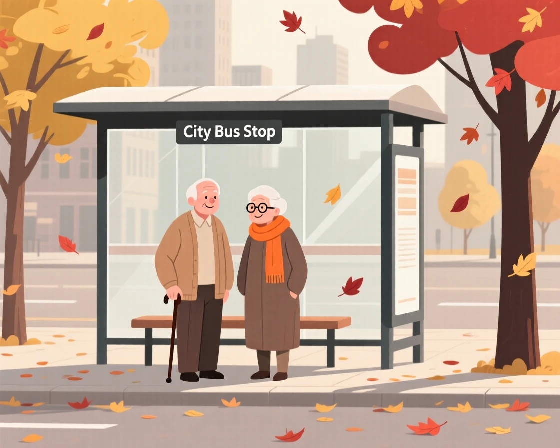 An elderly friends waiting at a bus stop on a quiet autumn day in the city.
