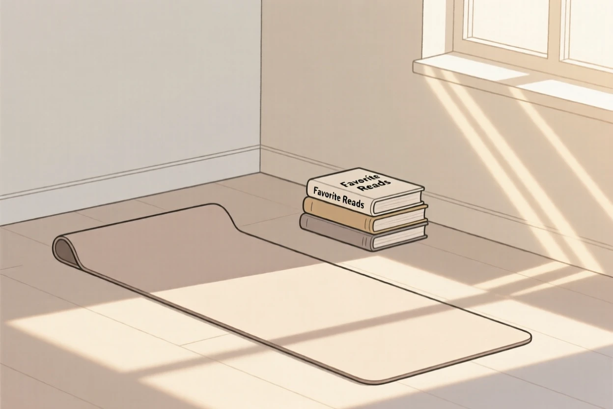 A morning scene of yoga mat on the floor resting in a sunlit apartment beside a stack of favorite books, radiating restful ease.