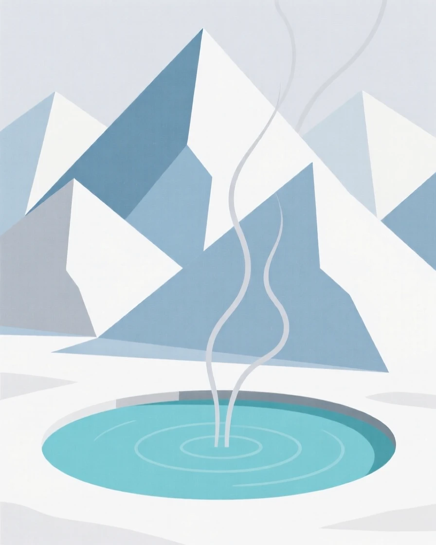 A hot spring nestled among snowy mountains