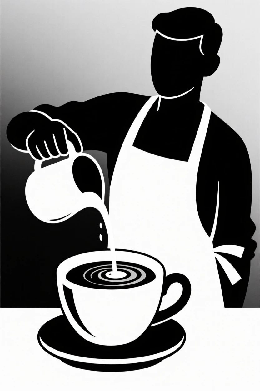 A barista pouring milk into a cup of coffee.