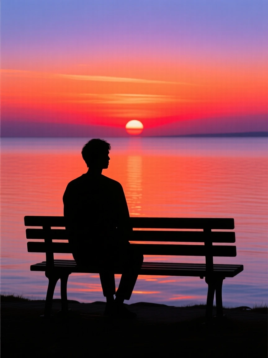 A solitary figure seated on a bench, watching the sun set over the water.