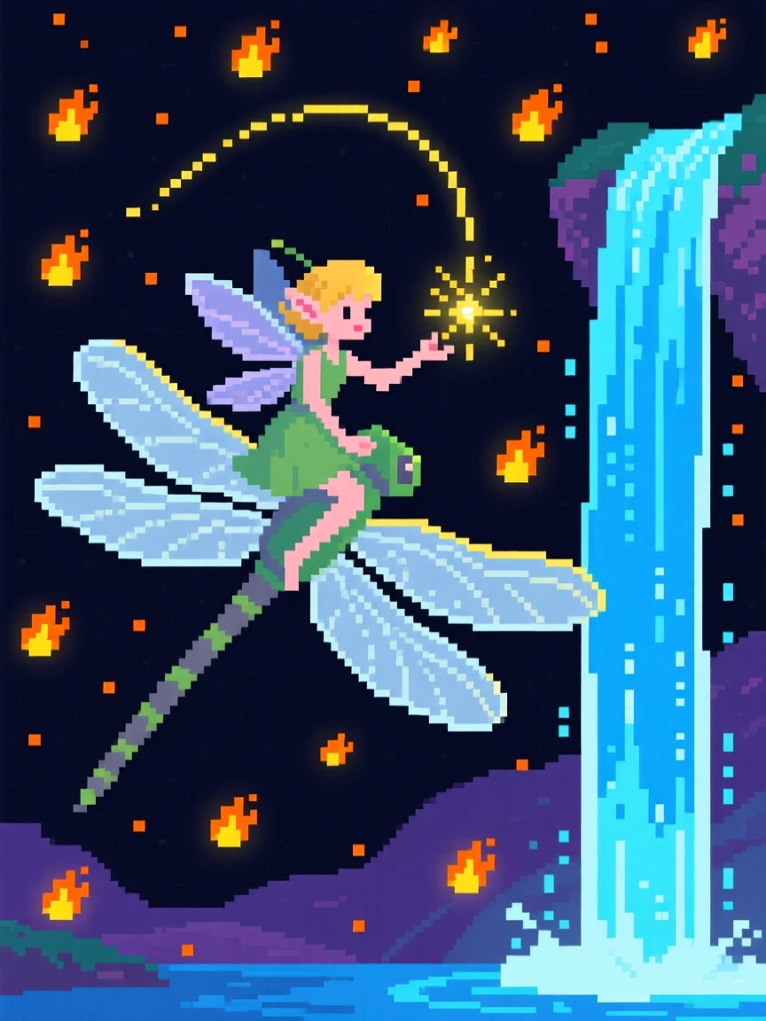 A pixie riding a dragonfly casting a spell that fills the sky with fireflies, beside a waterfall that glows at night.