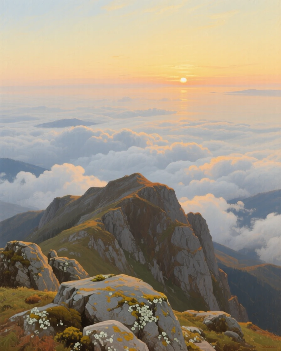A sweeping aerial perspective of a mountaintop viewpoint overlooking a sea of clouds at sunrise, just after sunrise, in bright warm sunshine.