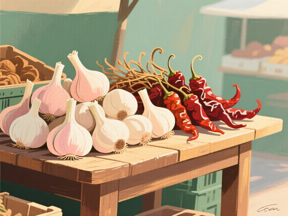 A market table piled high with garlic bulbs and dried chilies