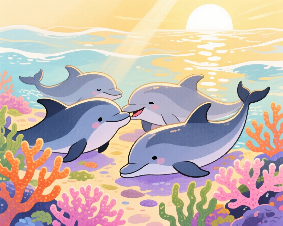 A playful dolphin pod resting peacefully in a coral reef at the golden hour.