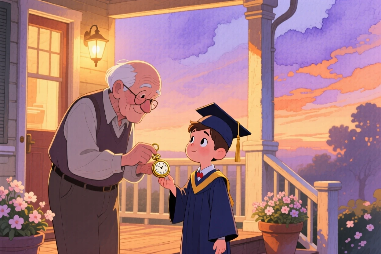 A grandfather passing down his old pocket watch to his grandson on graduation day, framed by warm porch light at dusk, radiating kindness, hope, and heartfelt emotion.
