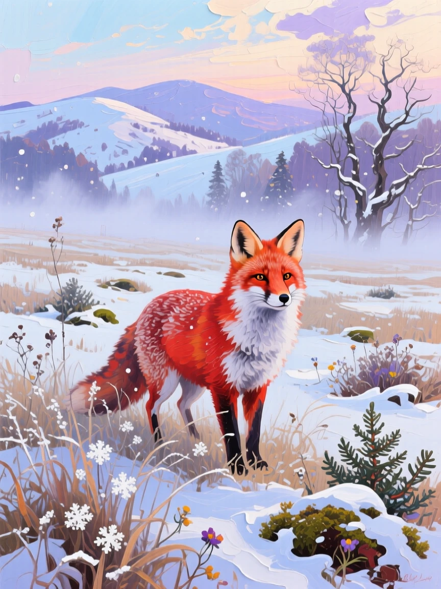 a red fox in a meadow, after a gentle snowfall, with layered visual detail from foreground to horizon.