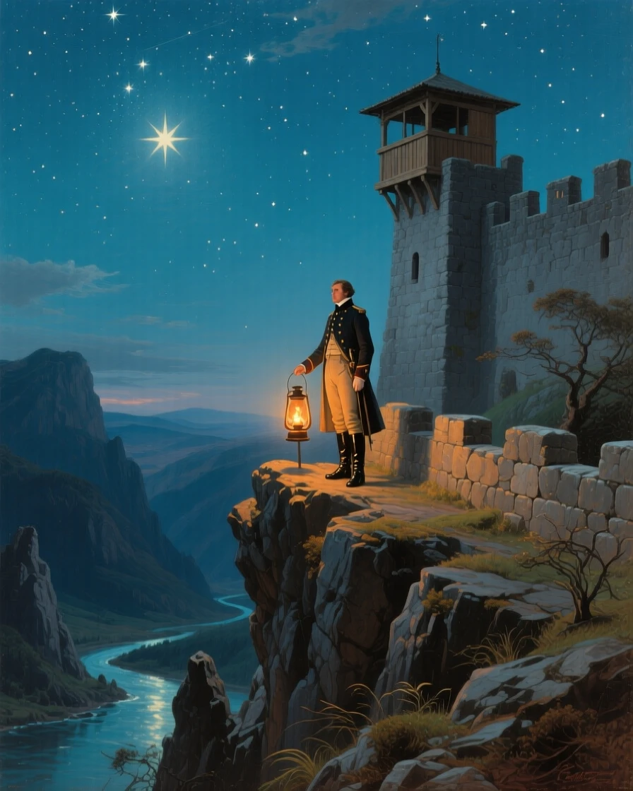 A sentry stands watch atop a fortress perched on a rocky cliff beneath a canopy of stars.