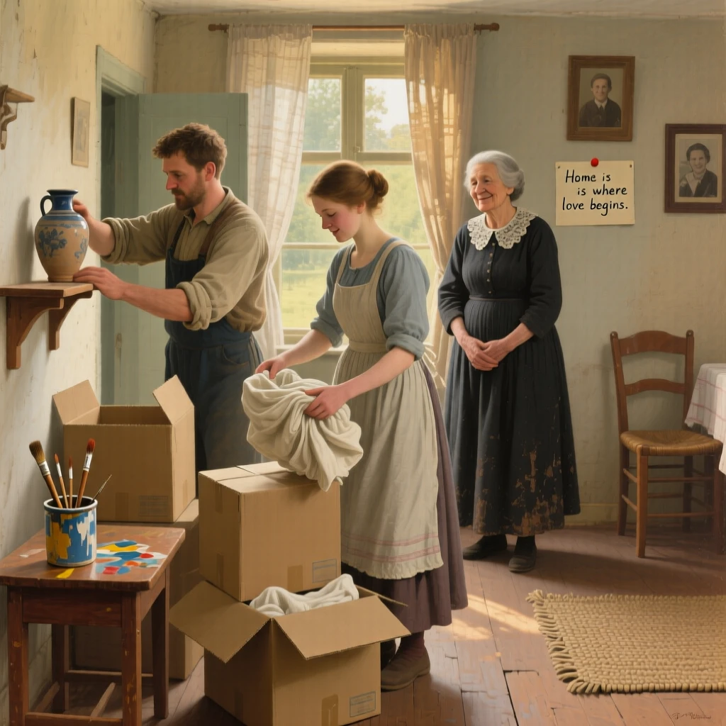A young couple unpacking boxes in their first apartment together, as an older family member watches on with a proud smile, designed to remind viewers of their own cherished family memories
