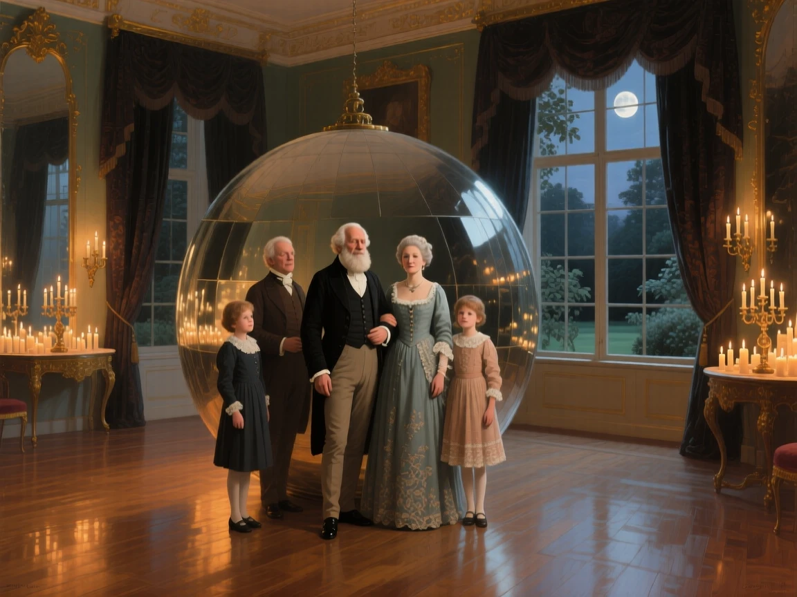An elderly patriarch surrounded by three generations of his family as candlelight flickers across polished floors, set within a mirrored ballroom lit by hundreds of candles, with tall windows revealing a moonlit garden beyond; the composition arranges figures in a graceful arc around the focal couple, radiating celebration, elegance, and social grace.