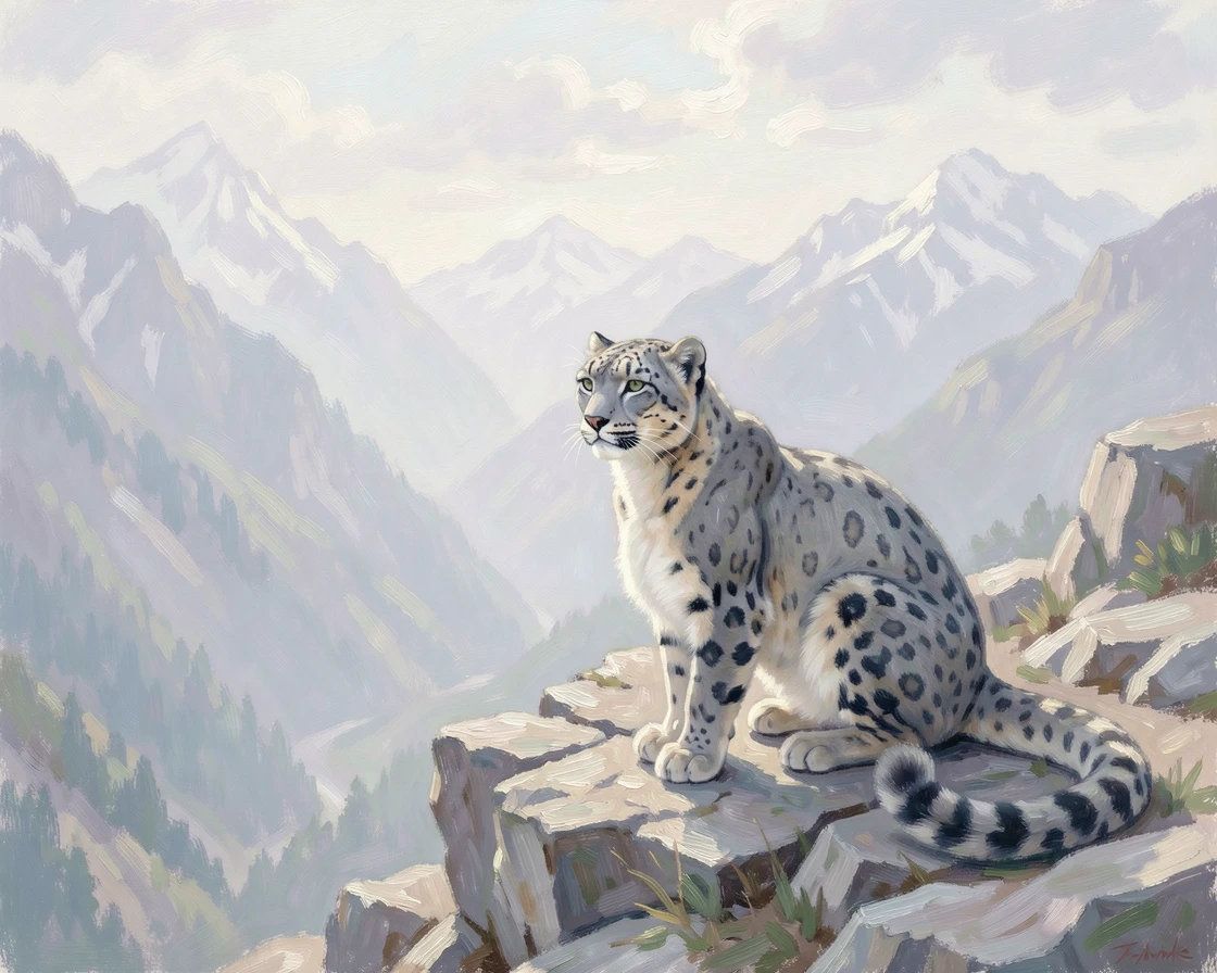 A snow leopard perched on a rocky Himalayan ledge, gazing out over a misty mountain valley.