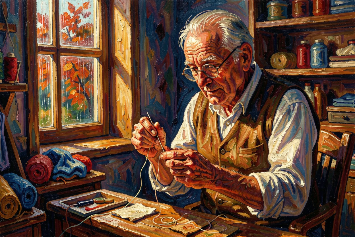 An elderly tailor threading a needle by the light of a single window.