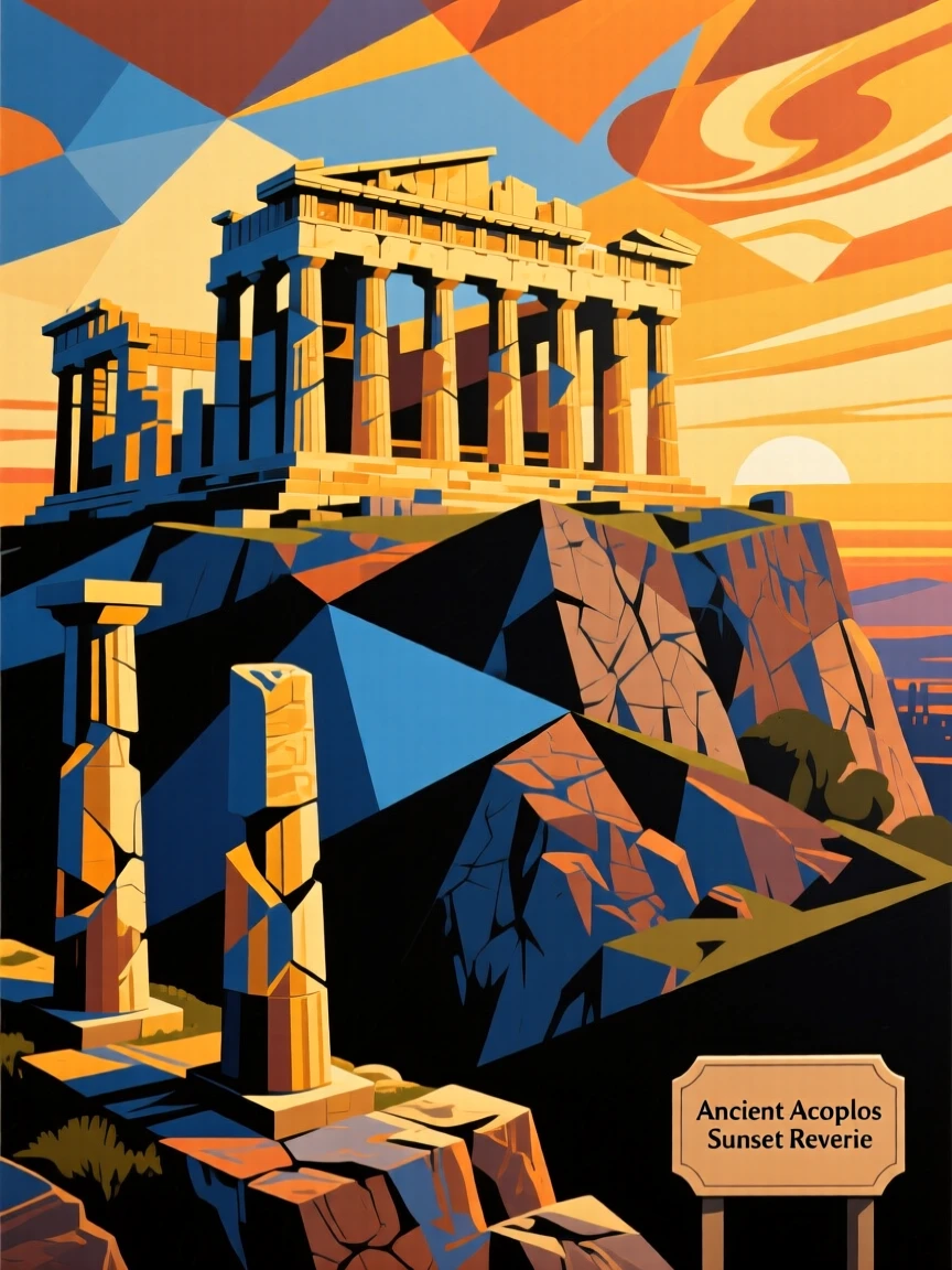 A breathtaking view of the ancient ruins of the Acropolis, glowing under a golden sunset.