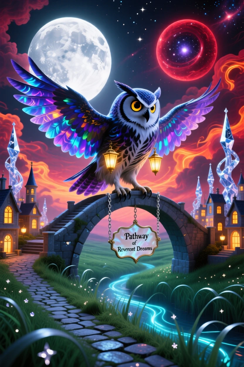 An owl with a tiny glowing city nestled between its wings walks across a bridge suspended between two moons, as the surrounding grass bends toward it in reverence.