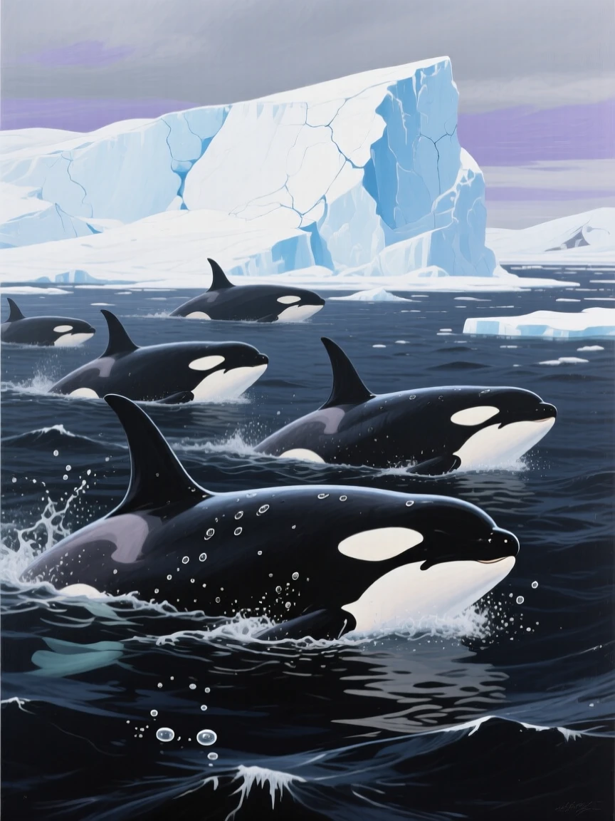 A pod of orcas hunts near an ice floe in Antarctic waters, their black and white bodies slicing through the frigid dark sea beneath a pale sky, the play of light across its form emphasizing the animal's natural grace and presence.