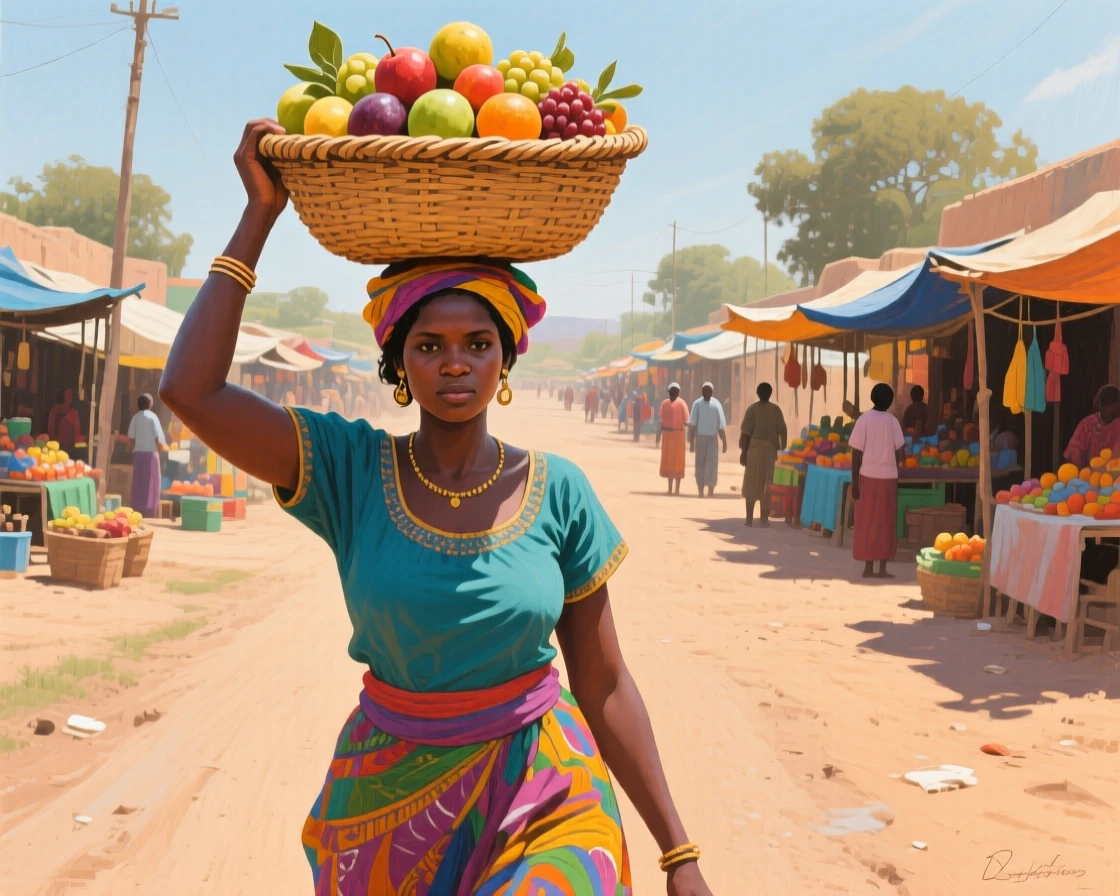 A woman balancing a woven basket of fruit on her head along a dusty road framed by open market stalls in the background