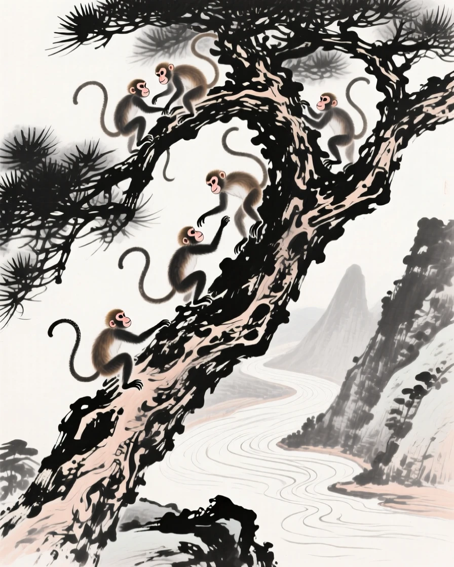 A troop of monkeys climbs among the branches of a gnarled pine, high above a winding mountain river.