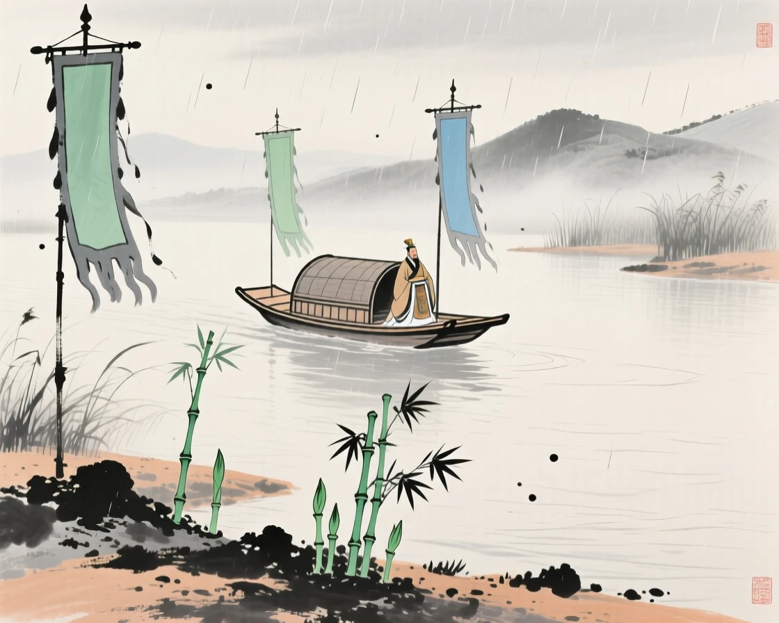 An emperor's barge gliding slowly down a wide river flanked by banners, brimming with peaceful contentment, in a gentle drizzle, as new bamboo shoots break through the soil.