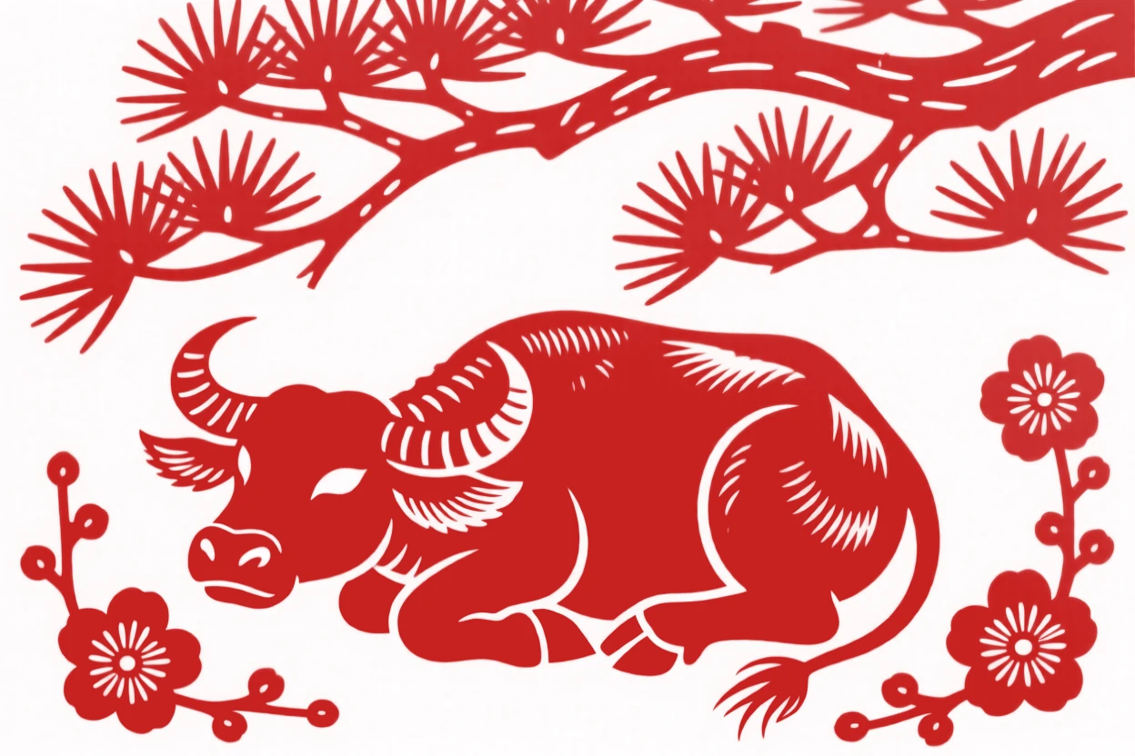 A water buffalo calf, curled up beneath a canopy of pine needles, surrounded by scattered plum blossoms.