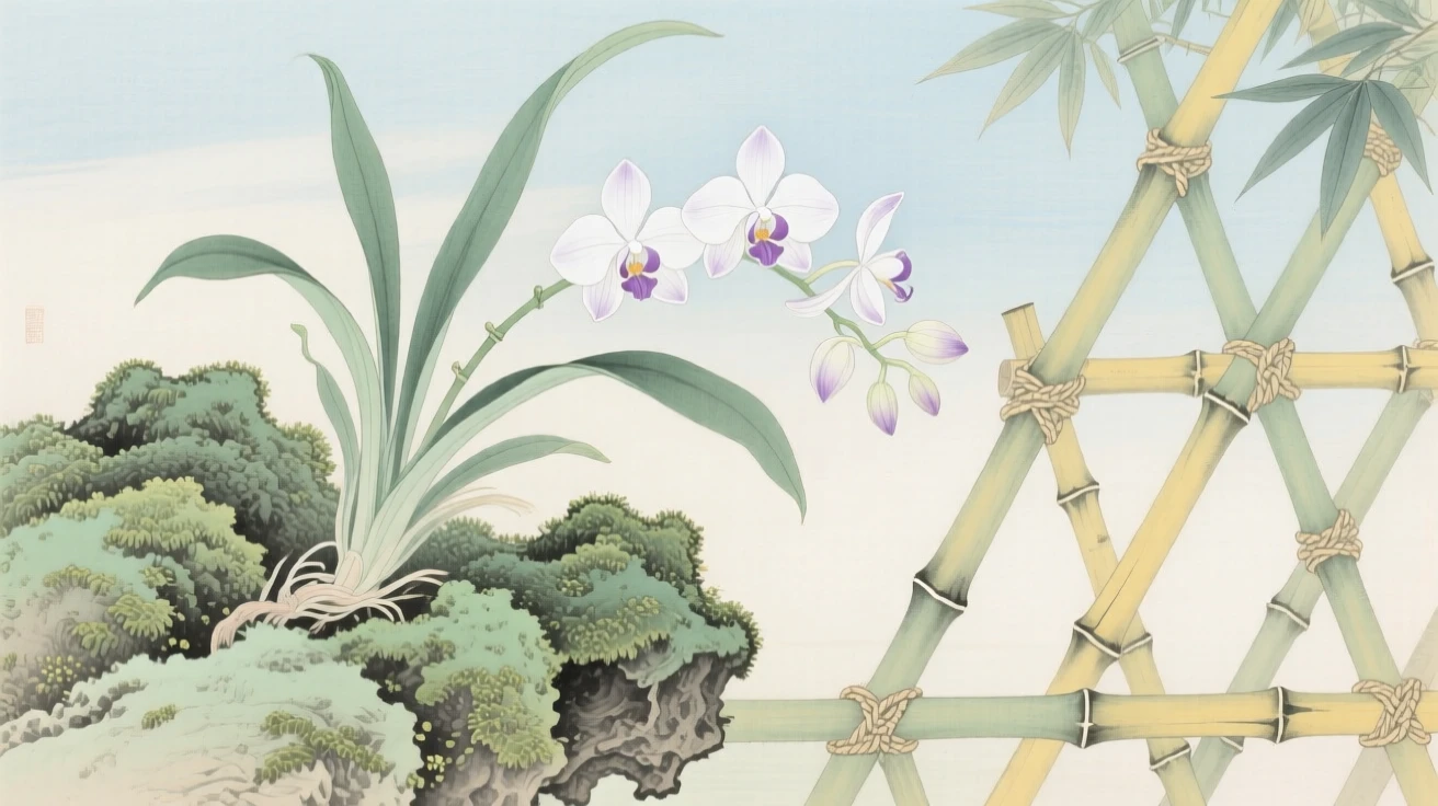 Orchids growing from a mossy rock climbing a bamboo trellis in early summer