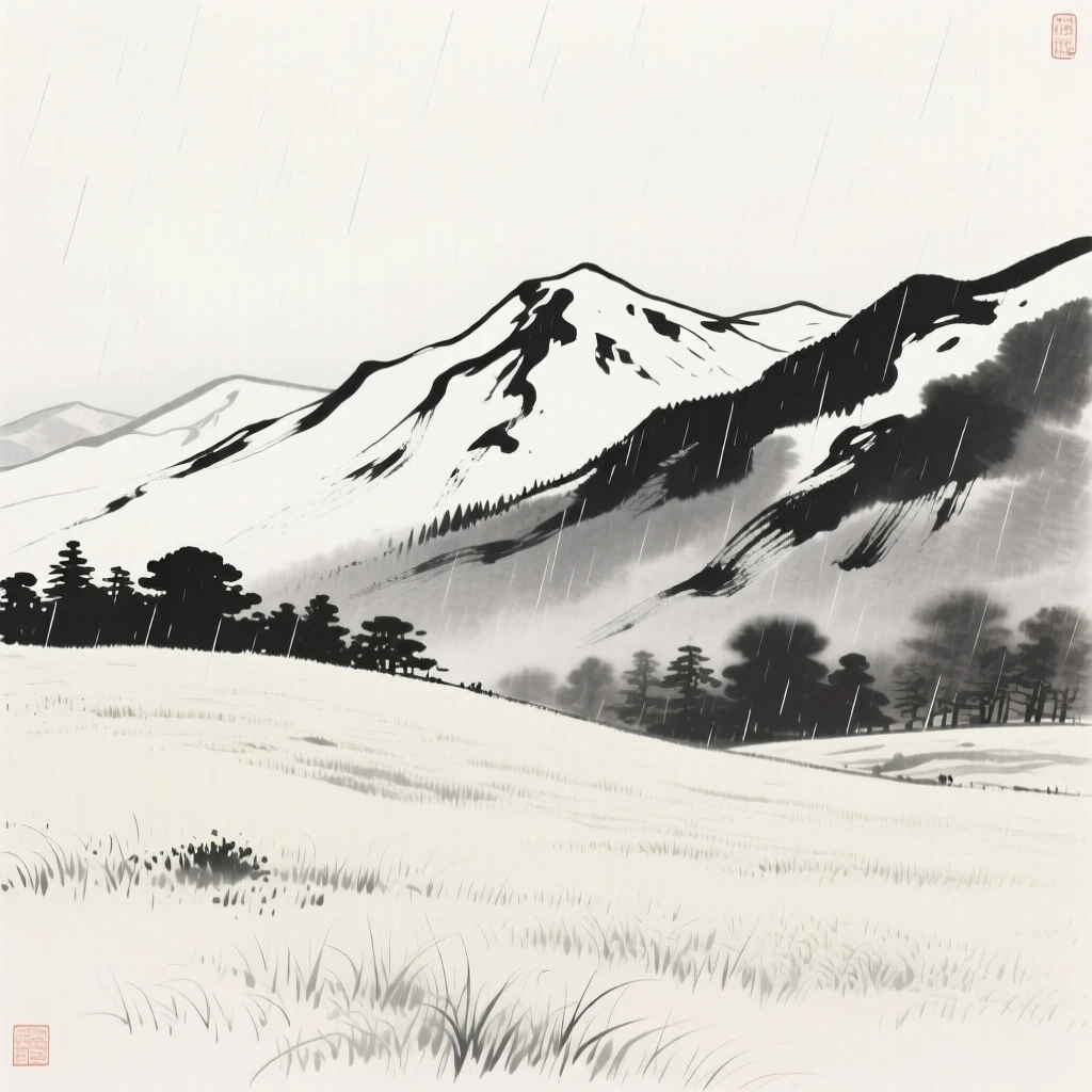 A high alpine meadow bordered by snow-capped ridges while a light rain blurs the distant tree line, composed with wide open space above to emphasize the scale of the sky, suggesting the quiet vastness of the natural world.