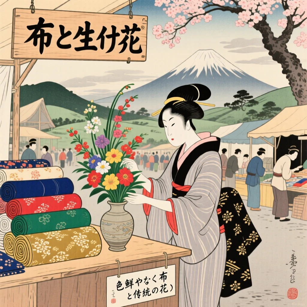 An ikebana flower arranger displaying bolts of fabric at a bustling stall.