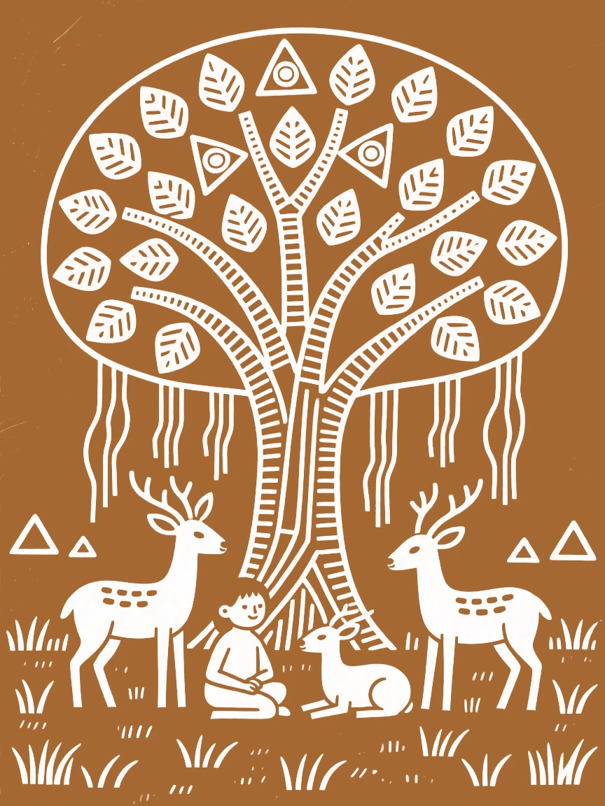 A family of deer resting beneath a giant banyan tree.