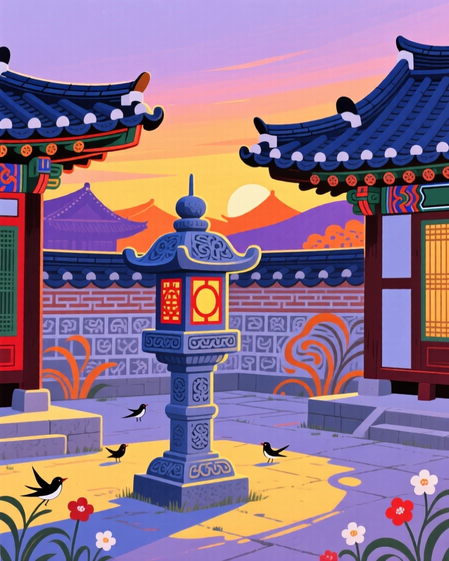 A quiet courtyard with a stone lantern as the last light of day fades over the rooftops.
