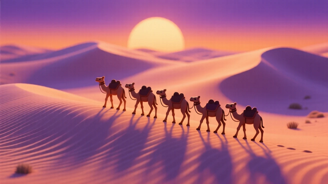 A dramatic desert dune landscape at sunset, wind-rippled sand glowing orange and purple, and a caravan of camels crossing in silhouette.