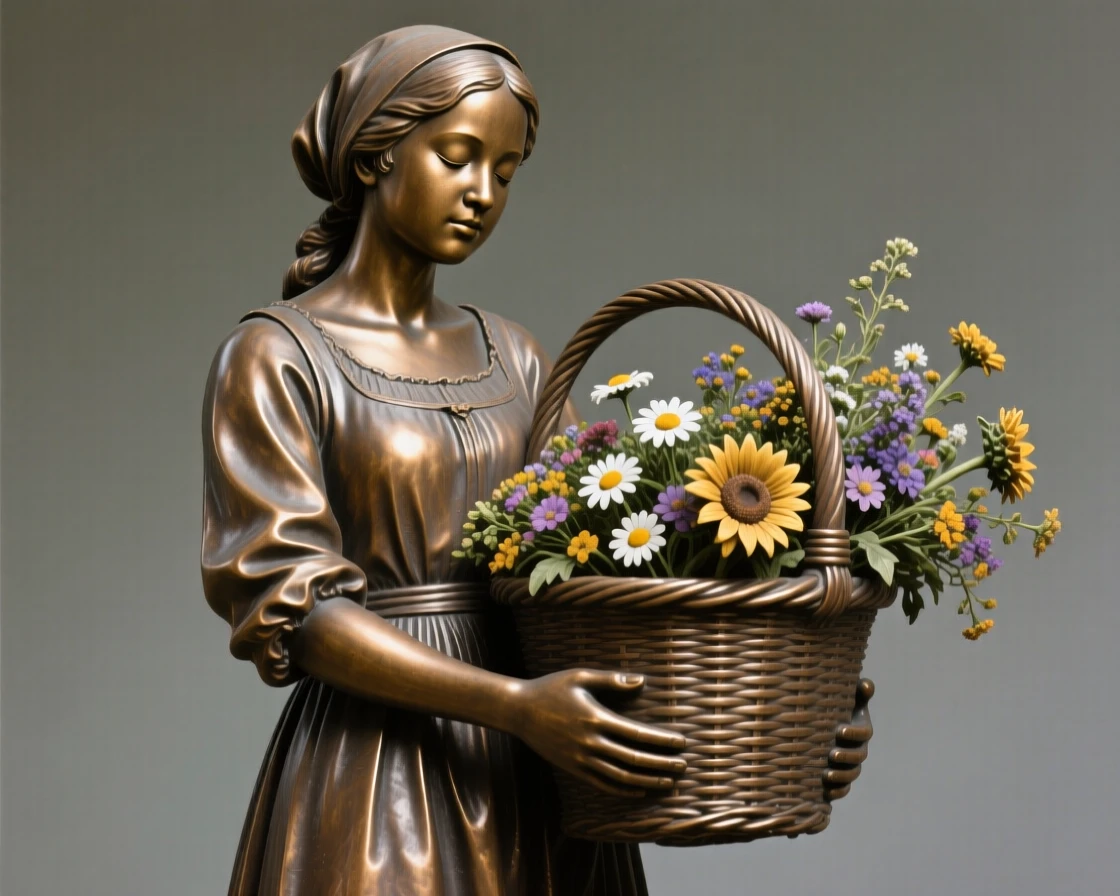 A farmer's daughter carrying a basket of fresh flowers, with eyes closed in peaceful serenity, forming a strong central focal point