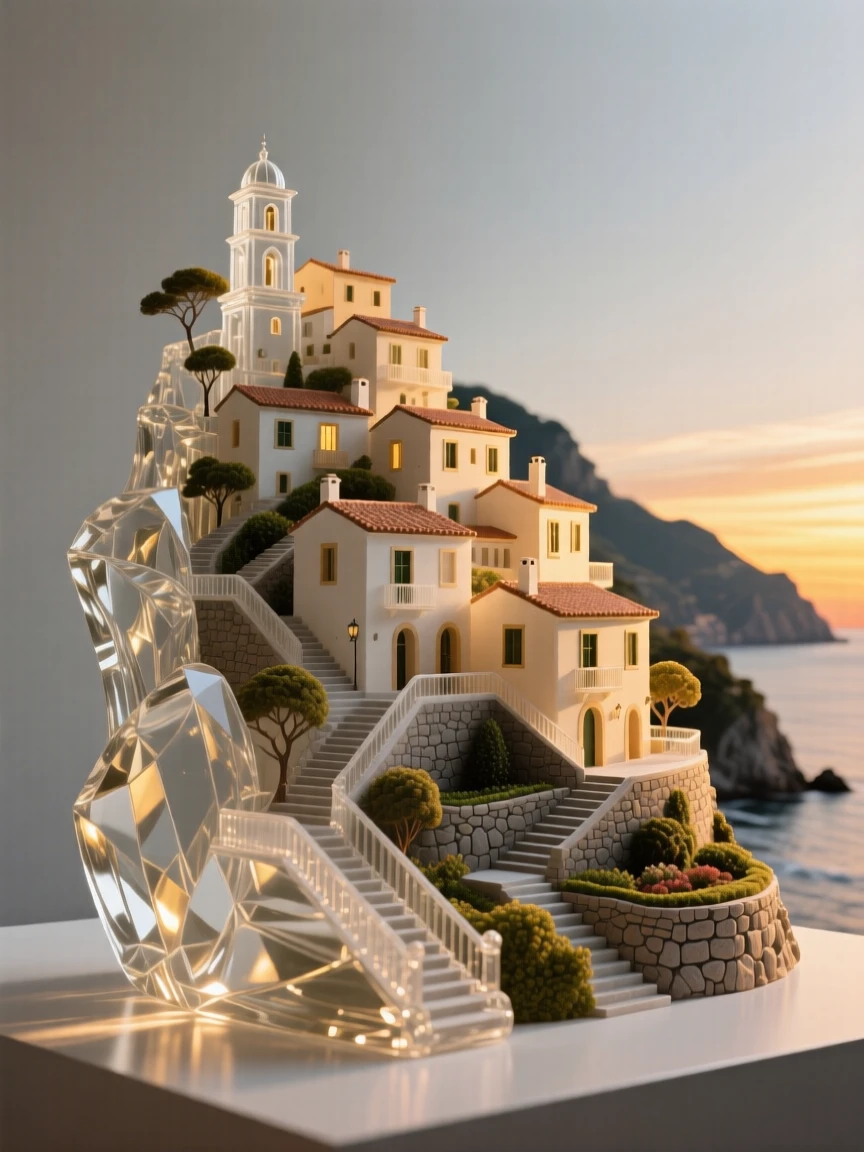 A hillside village on the Amalfi Coast, viewed from a dramatic low angle under a vivid sunset sky, warm golden light highlighting every architectural detail, awe-inspiring and grand.