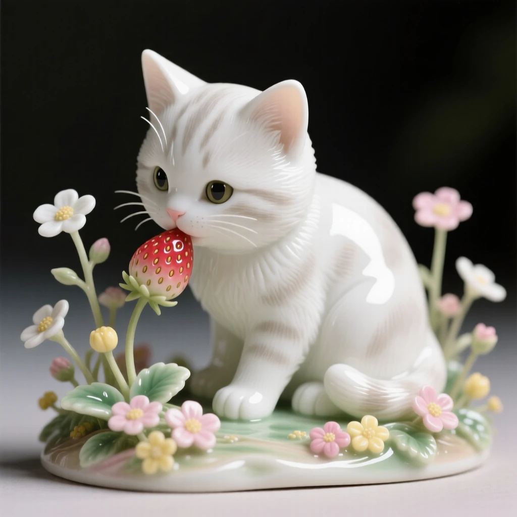 A tiny kitten nibbling on a wild strawberry, surrounded by tiny wildflowers.