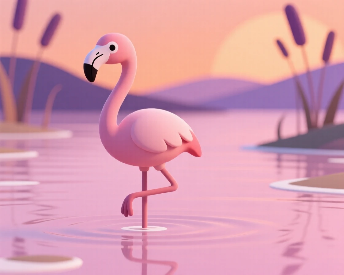 A proud flamingo balances gracefully on one leg in the shallows of a pink-tinted lagoon at sunset.
