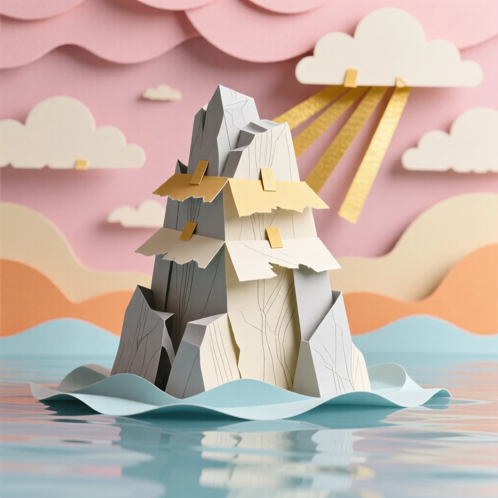 A dramatic limestone karst formation rising from calm water under a sky painted with pink and gold, with warm sunbeams piercing through scattered clouds, conveying quiet wonder and stillness.