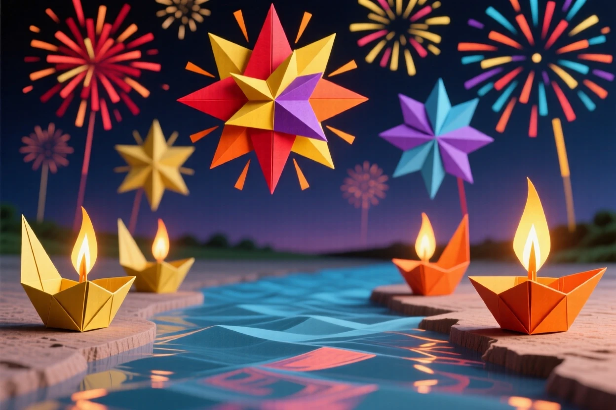 A colorful Diwali celebration with fireworks illuminating the skyline over a river.