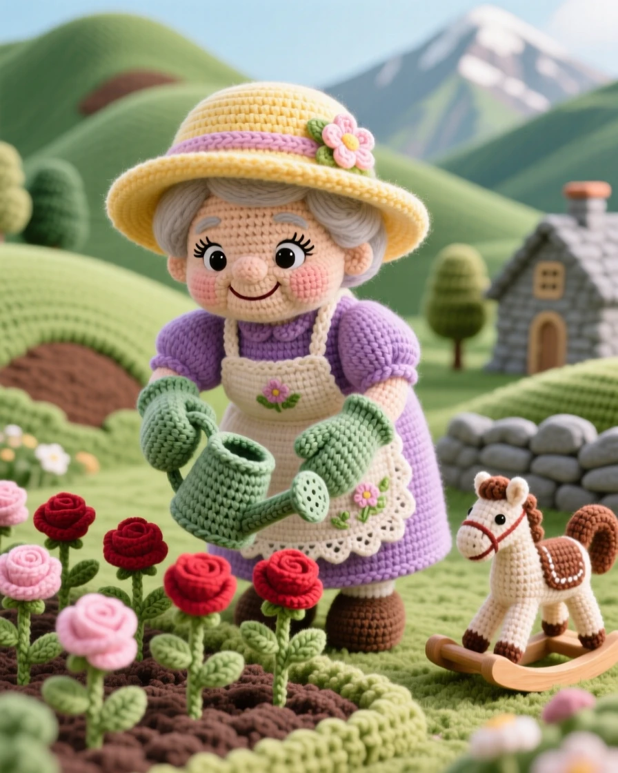 a gentle grandmother tending a garden, with a sunhat and gardening gloves, watering a row of blooming roses, in a mountain village nestled among green hills, with a small wooden toy left on a bench nearby, conveying cheerful industriousness and community spirit.