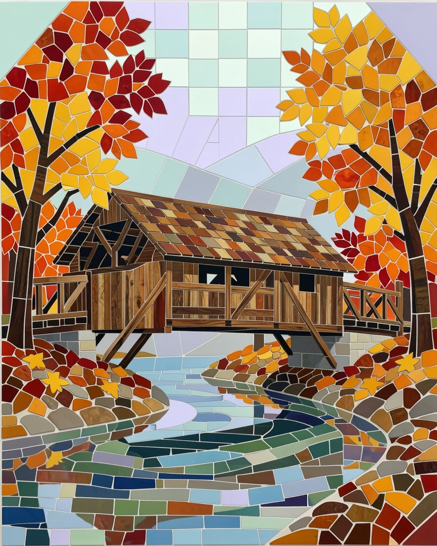 A rustic covered bridge spanning a stream in peak autumn color.